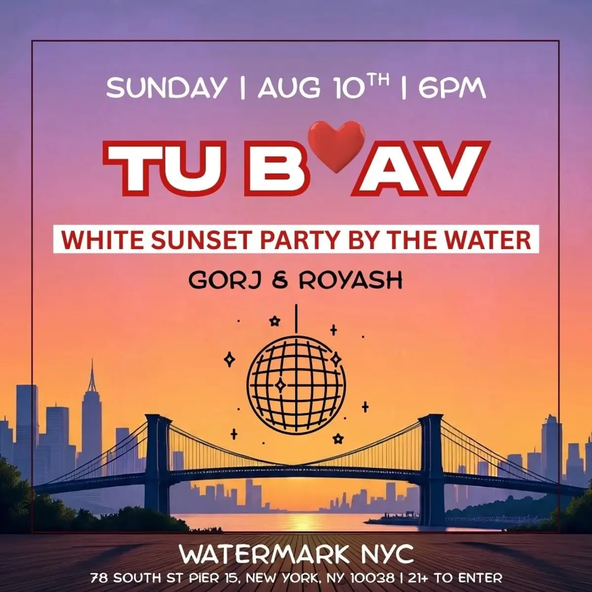 Tu B'Av White Sunset On The River @ Cobble Fish - Sunday July 26