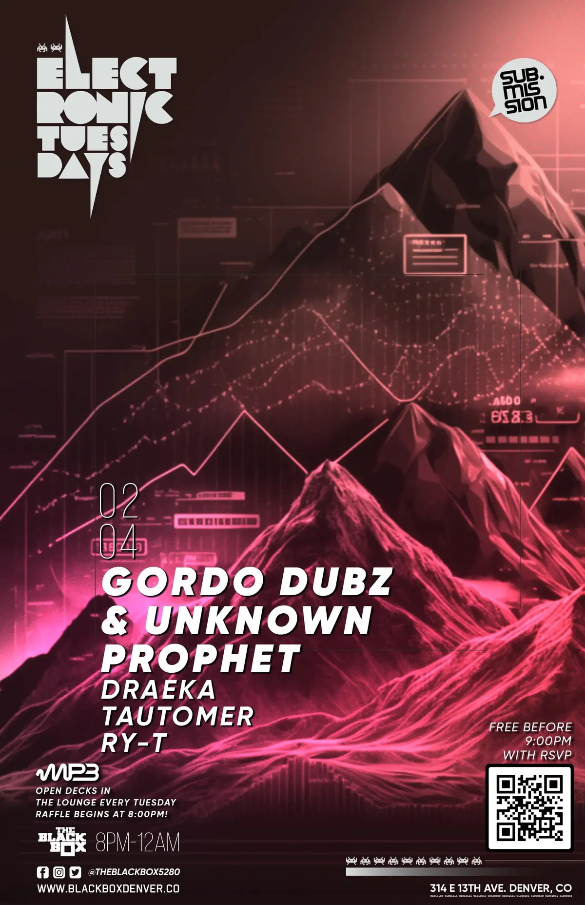 Sub.mission Electronic Tuesdays: Gordo Dubz & Unknown Prophet w/ Draeka, Tautomer, Ry-T + Open Decks sponsored by MP3 MAG