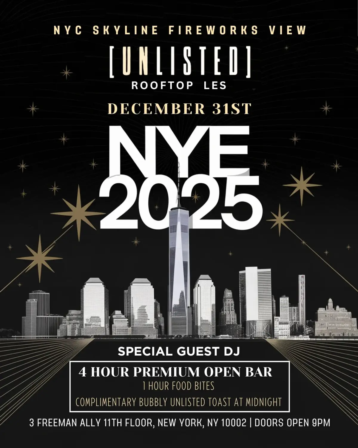 NEW YEARS EVE 2025 @ UNLISTED ROOFTOP W/ 4H OPEN BAR & FIREWORKS VIEW