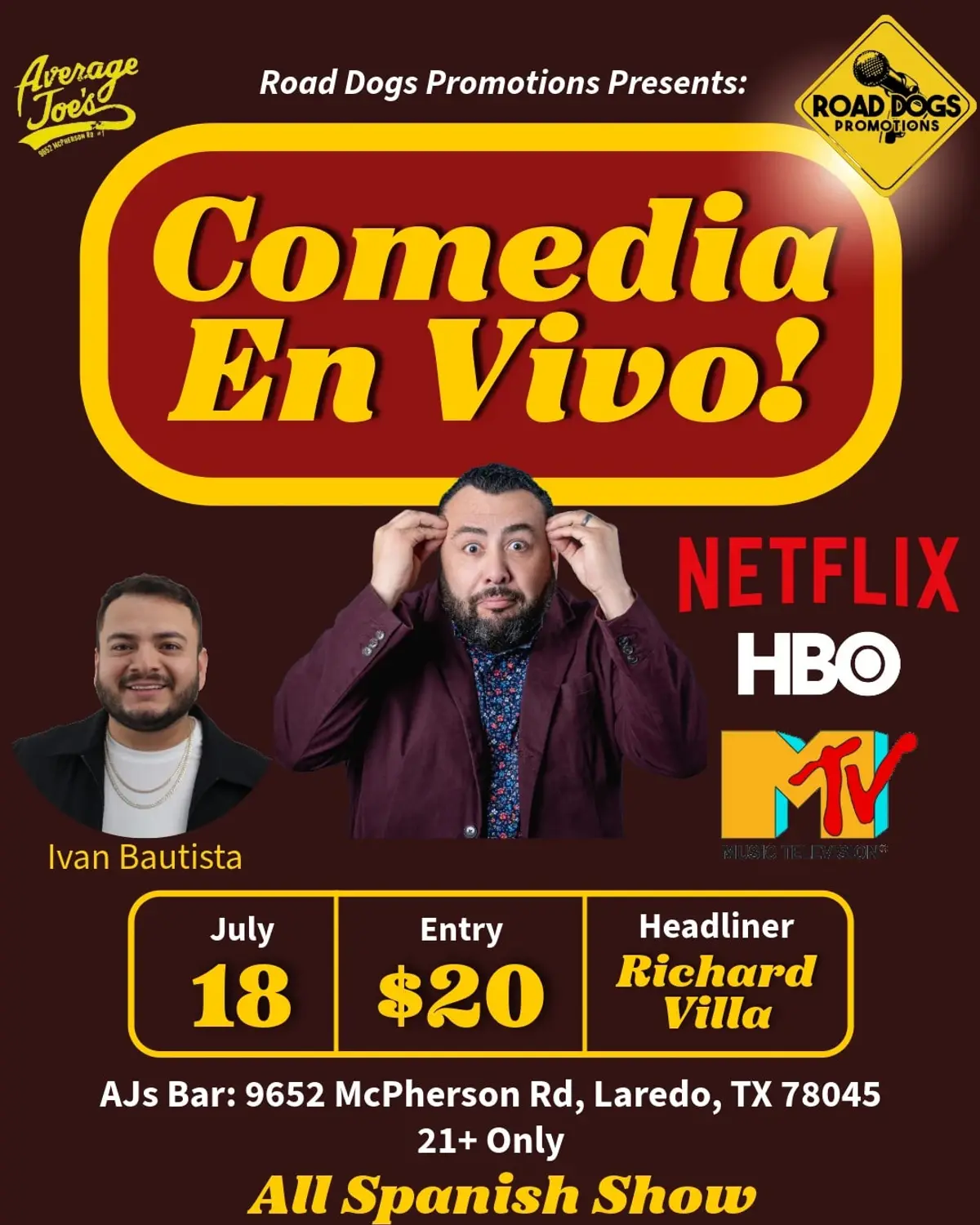 Comedia de Stand-Up En Vivo: Richard Villa se Presenta at AJs Laredo, TX!