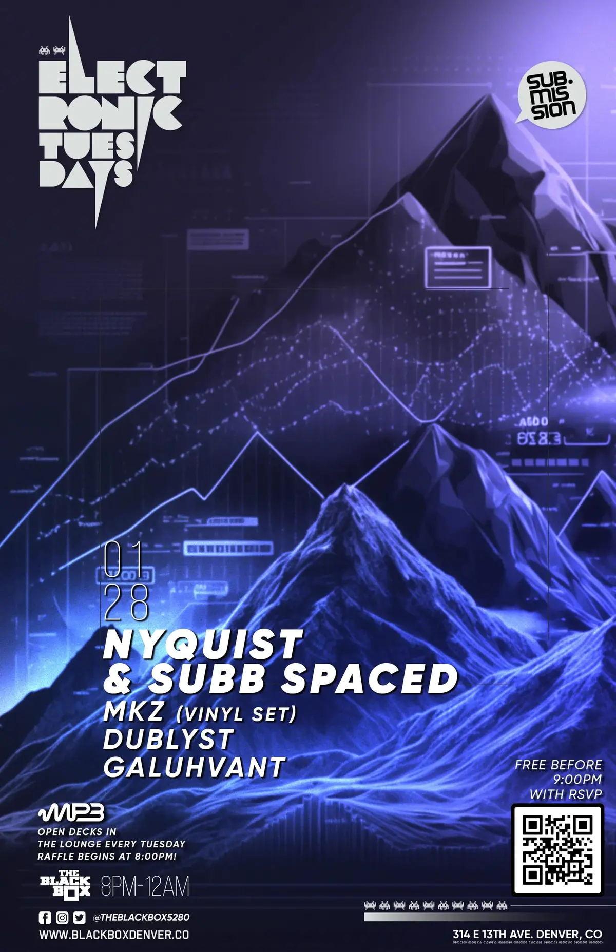 Sub.mission Electronic Tuesdays: Nyquist & Subb Spaced w/ MKZ, Dublyst, Galuhvant + Open Decks sponsored by MP3 Magazine