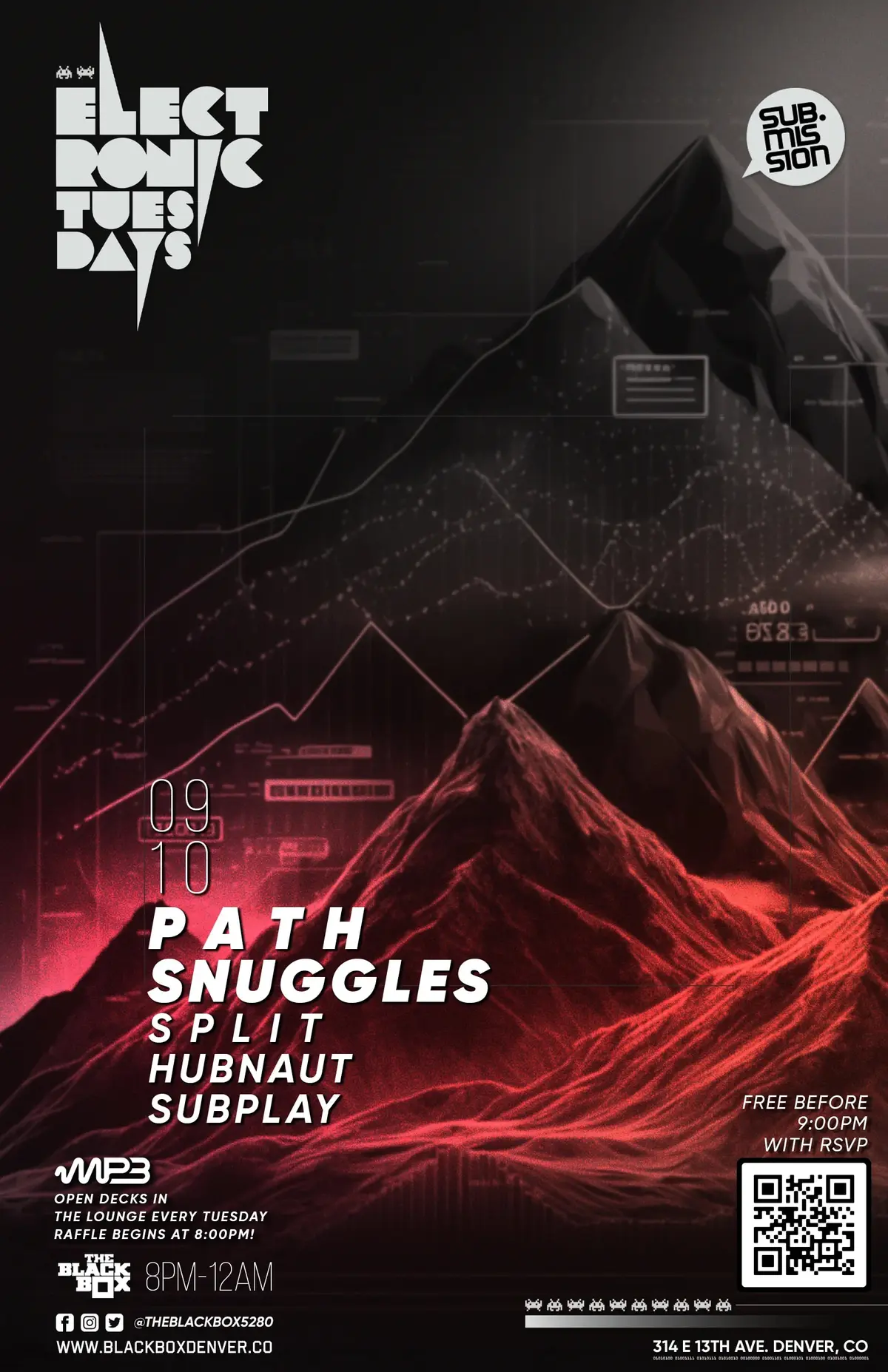 Sub.mission Electronic Tuesdays: P A T H w/ Snuggles, S P L i T, HUBNAUT, Subplay + Open Decks sponsored by MP3 Magazine