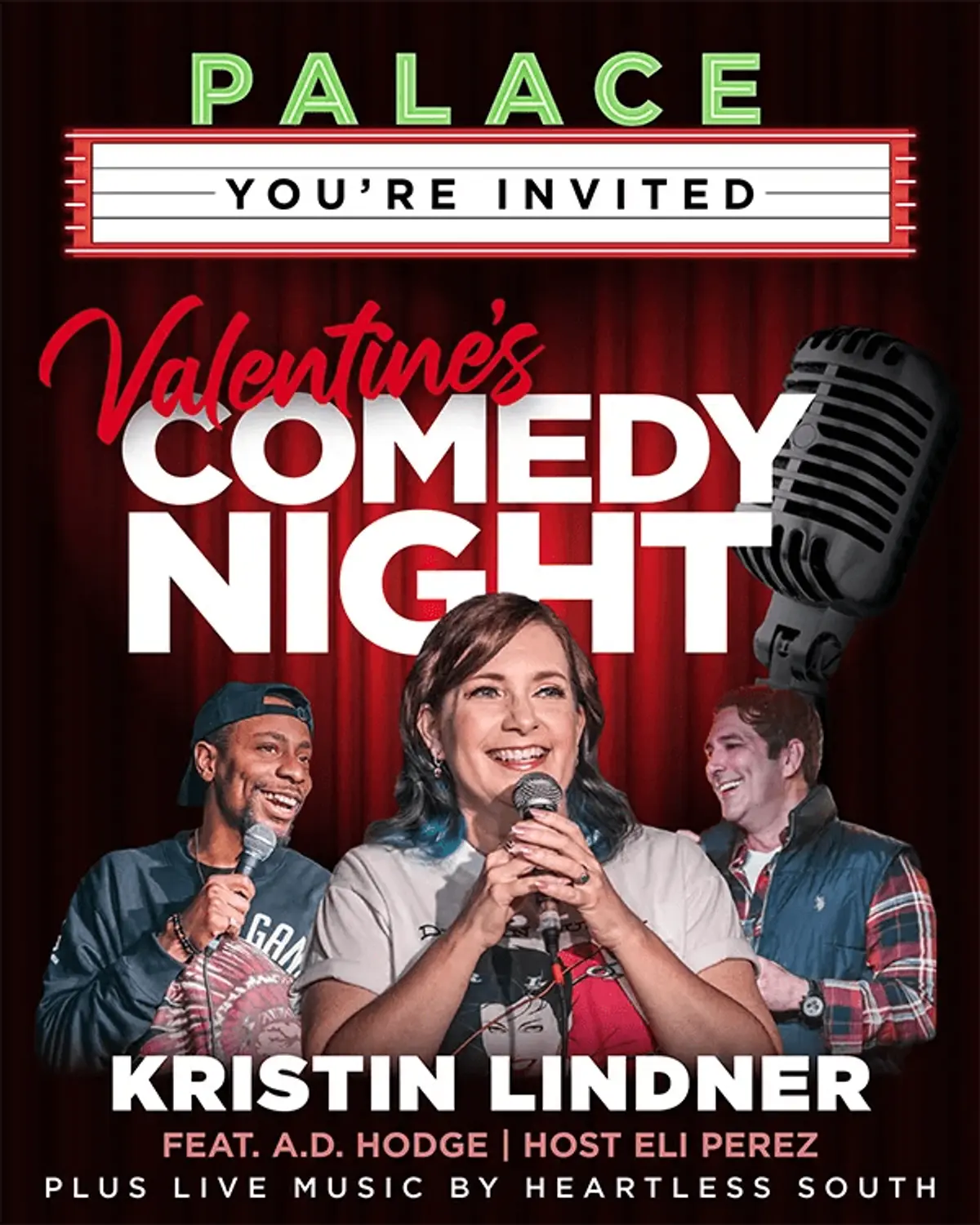 COMEDY NIGHT starring Kristin Lindner and featuring A.D. Hodge, Eli Perez, and live music by Heartless South